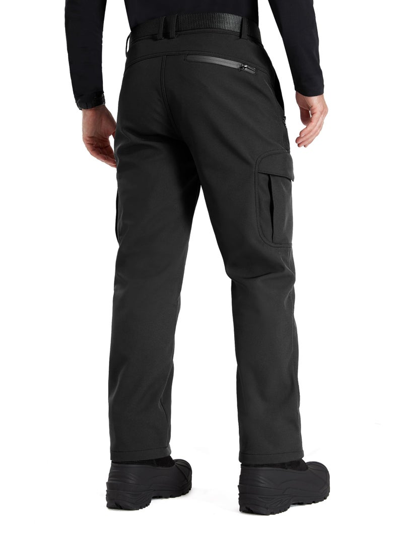 FREE SOLDIER Men's Outdoor Softshell Fleece Lined Cargo Pants Snow Ski Hiking Pants with Belt (Black 30W/28L) - Image 2